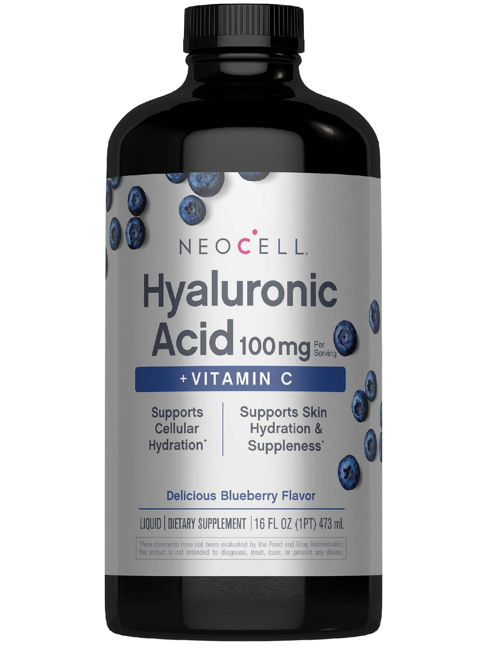 NeoCell Hyaluronic Acid Berry Liquid bottle highlights skin hydration potential.