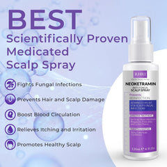 Neoketramin spray closeup label highlights gentle botanicals for sensitive scalps.