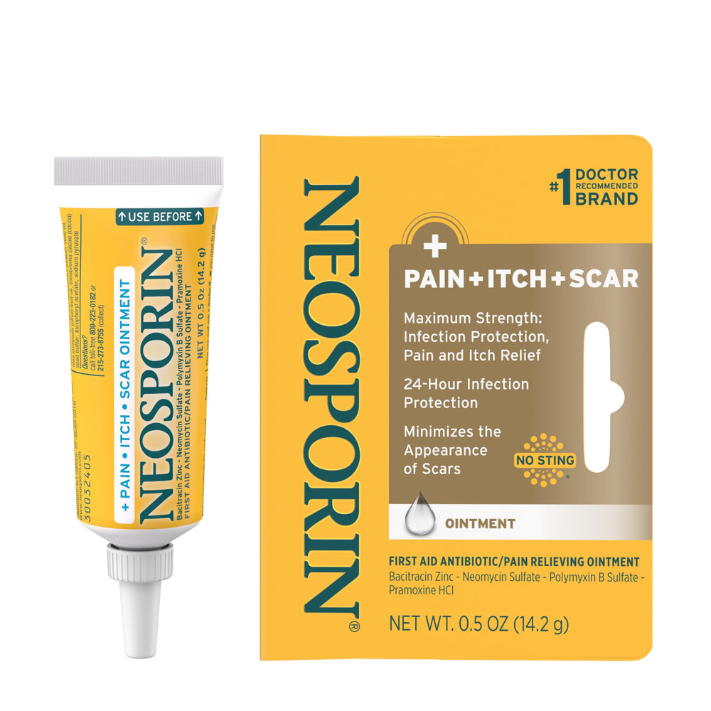 Neosporin Pain, Itch & Scar ointment 0.5 oz tube for infection protection and healing.