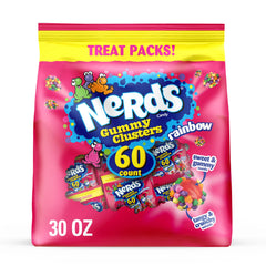 NERDS Gummy Clusters rainbow pack closeup, a colorful bite-size treat for sharing.