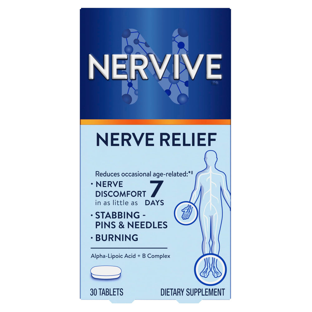 Nervive Nerve Relief bottle shows daily dosing for nerve support