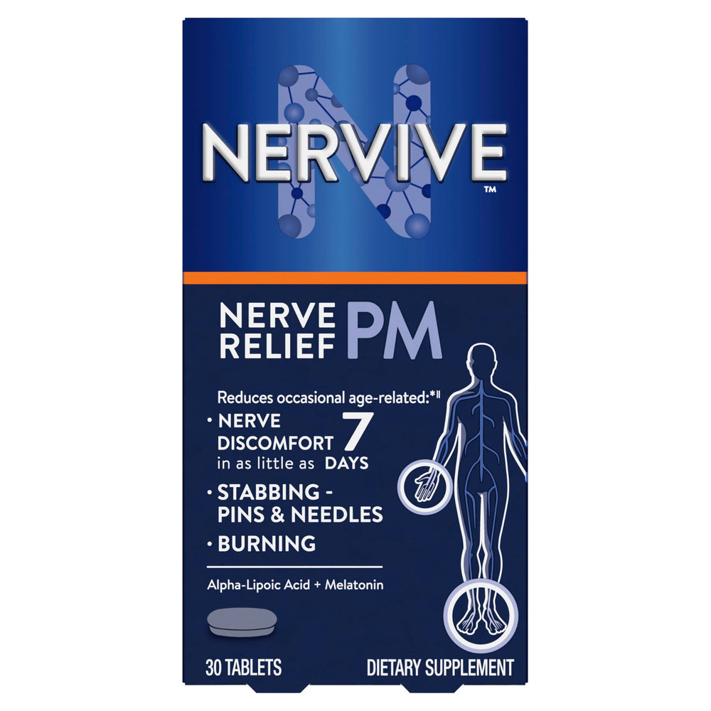 Nervive Nerve Relief PM bottle front view highlighting nightly support