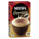 Nescafe Cappuccino 10pk pack on a kitchen counter, ready for quick cafe-style cups