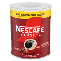 NESCAFÉ CLÁSICO Dark Roast canister front shows premium instant coffee for quick mornings
