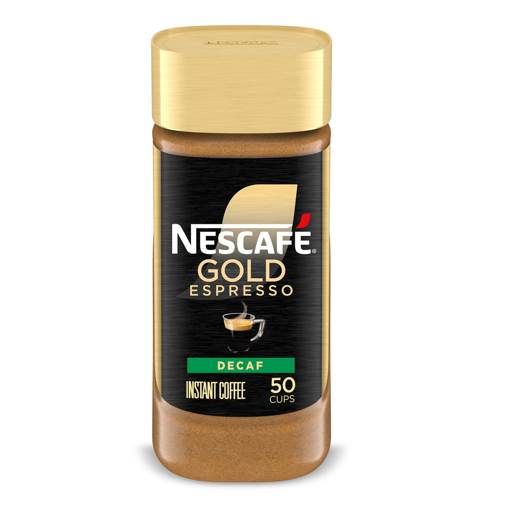 NESCAFÉ Gold Decaf Espresso jar shows rich crema for quick cafe-style enjoyment.