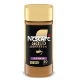 NESCAFÉ Gold Espresso Intense jar front view with crema for café-style coffee