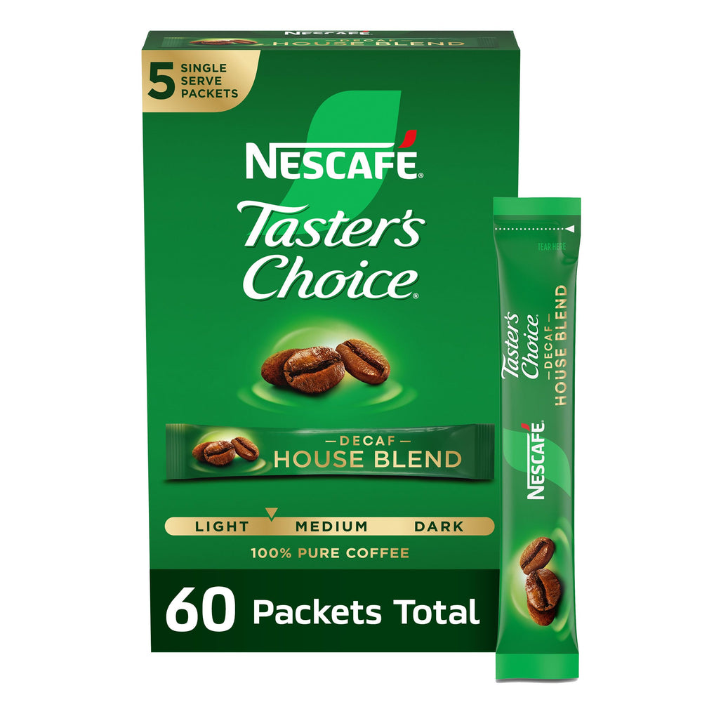 NESCAFÉ Taster's Choice Decaf House Blend packaging and sachets for quick, smooth mornings