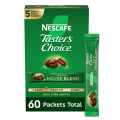 NESCAFÉ Taster's Choice Decaf House Blend packaging and sachets for quick, smooth mornings