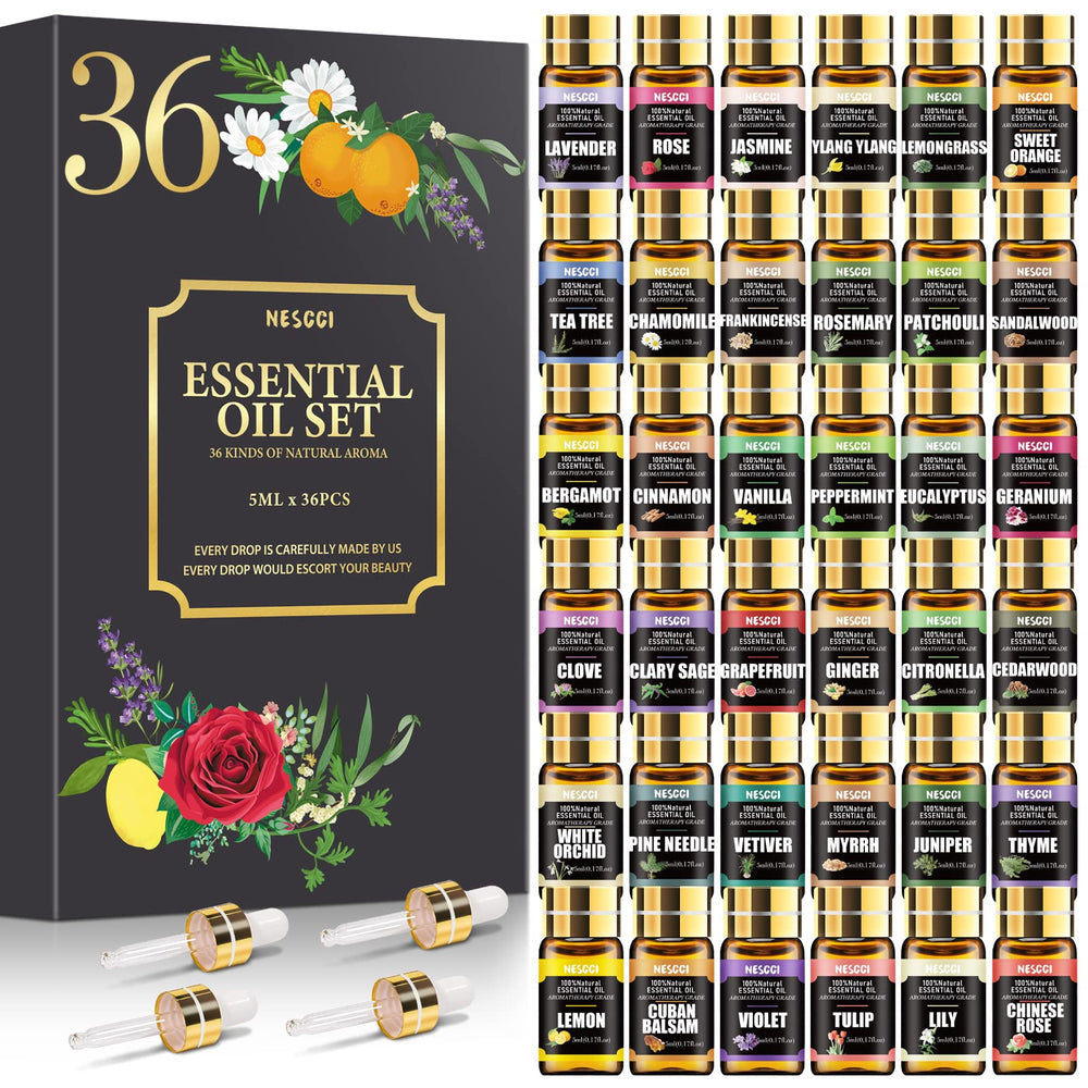 NESCCI Essential Oil Set with 36 bottles, ideal for diffusers and room ambiance.