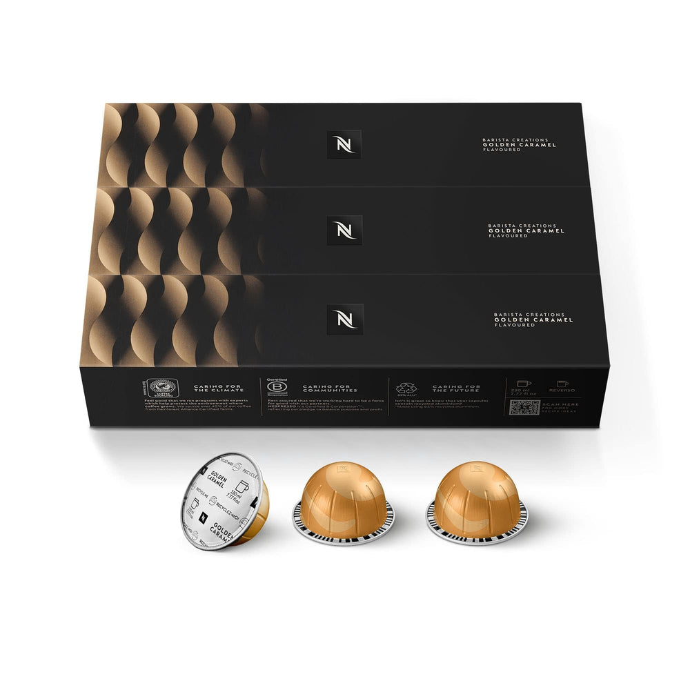 Nespresso Vertuo Golden Caramel capsule ready to brew for aroma-rich coffee.