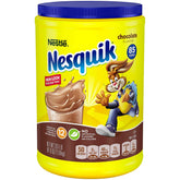 Nesquik chocolate powder canister with real cocoa for quick chocolate milk.