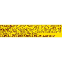 Nesquik powder label highlights real cocoa and no high fructose corn syrup.