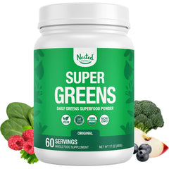 Nested Naturals Super Greens powder tub front for convenient daily nutrition.