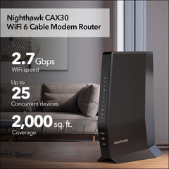 NETGEAR Nighthawk CAX30 AX2700 WiFi 6 scene emphasizing fast multi-device performance