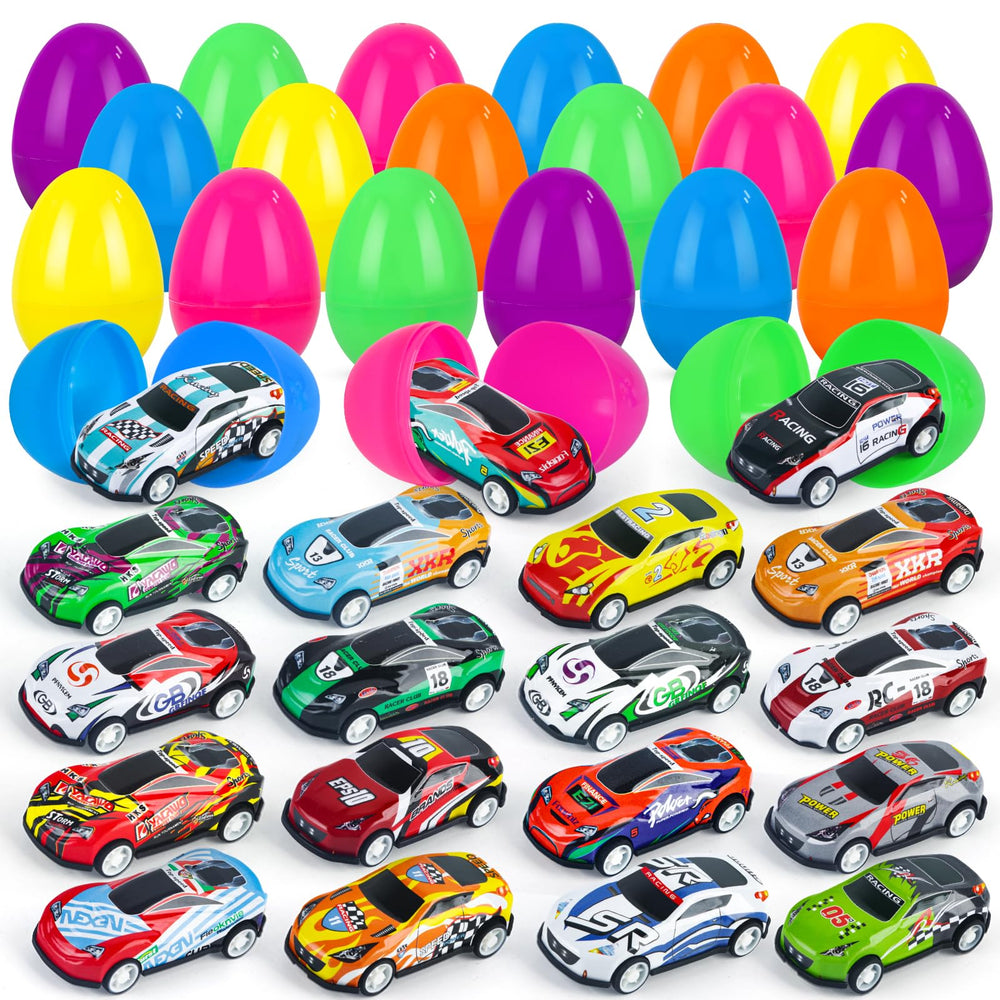 NEUBSAW 24-pack Easter eggs with cars, colorful eggs hiding die-cast cars for boys' egg hunts.