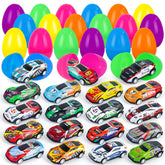 NEUBSAW 24-pack Easter eggs with cars, colorful eggs hiding die-cast cars for boys' egg hunts.