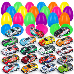 NEUBSAW 24-pack Easter eggs with cars, colorful eggs hiding die-cast cars for boys' egg hunts.