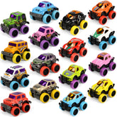 Neureyte mini monster trucks front view with bright colors and pull-back action