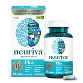 NEURIVA Plus bottle and capsules for daily memory and focus support.