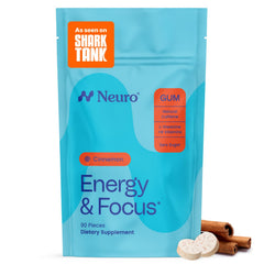 Neuro Energy & Focus Gum pack front highlights cinnamon flavor and clean energy.
