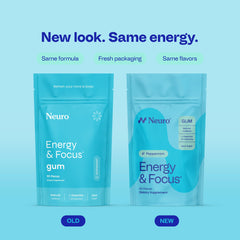 Neuro Energy & Focus gum packaging highlights sugar-free vegan formula