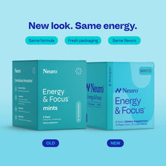 Neuro Energy and Focus Mints bottle front highlights 72-count display and convenience