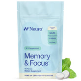 Neuro Memory & Focus Gum peppermint packaging highlighting caffeine-free brain support for quick clarity