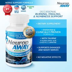 NeuropAWAY label info showcases a patented, research-backed formula.