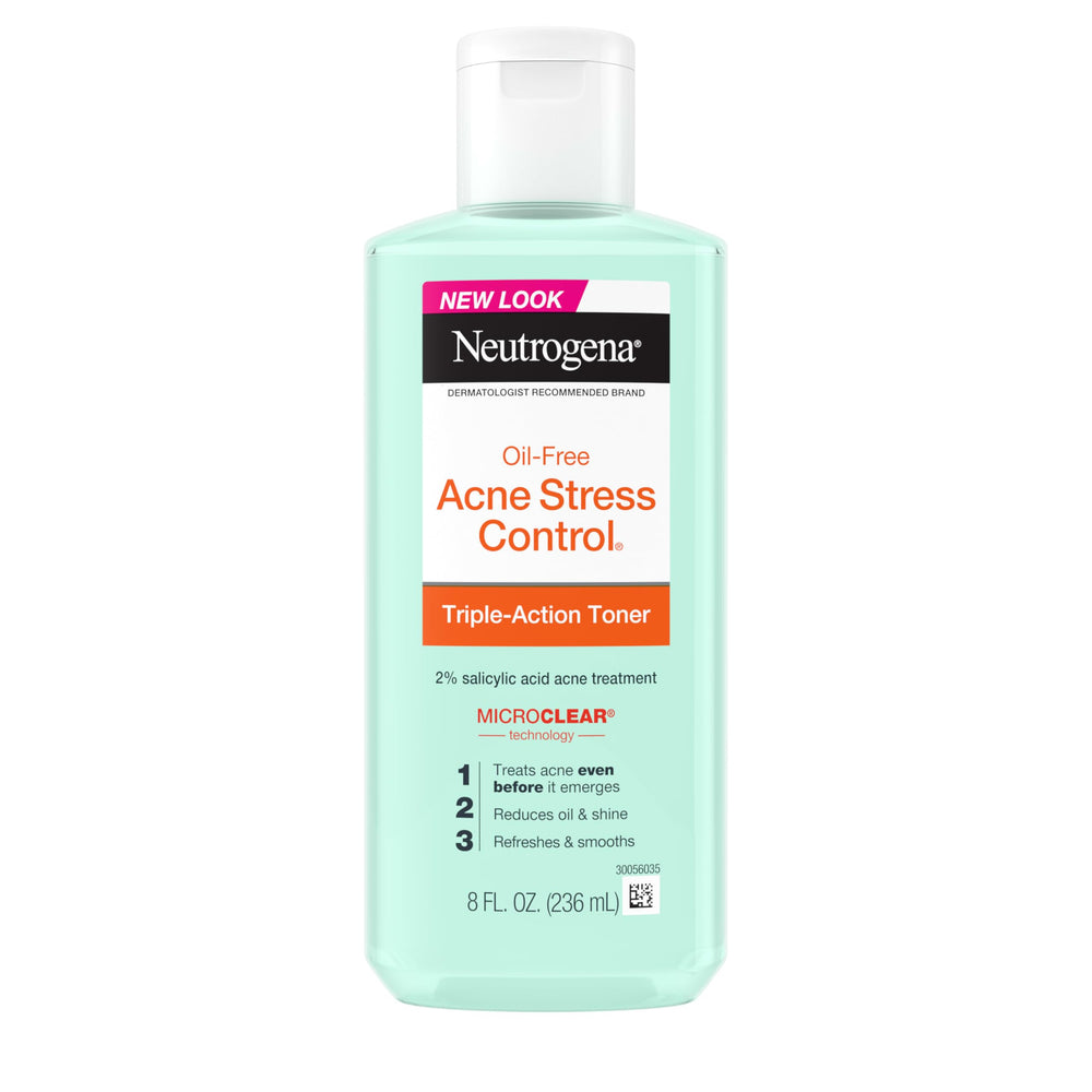 Neutrogena Acne Stress Control toner bottle showing oil free formula for clearer pores.