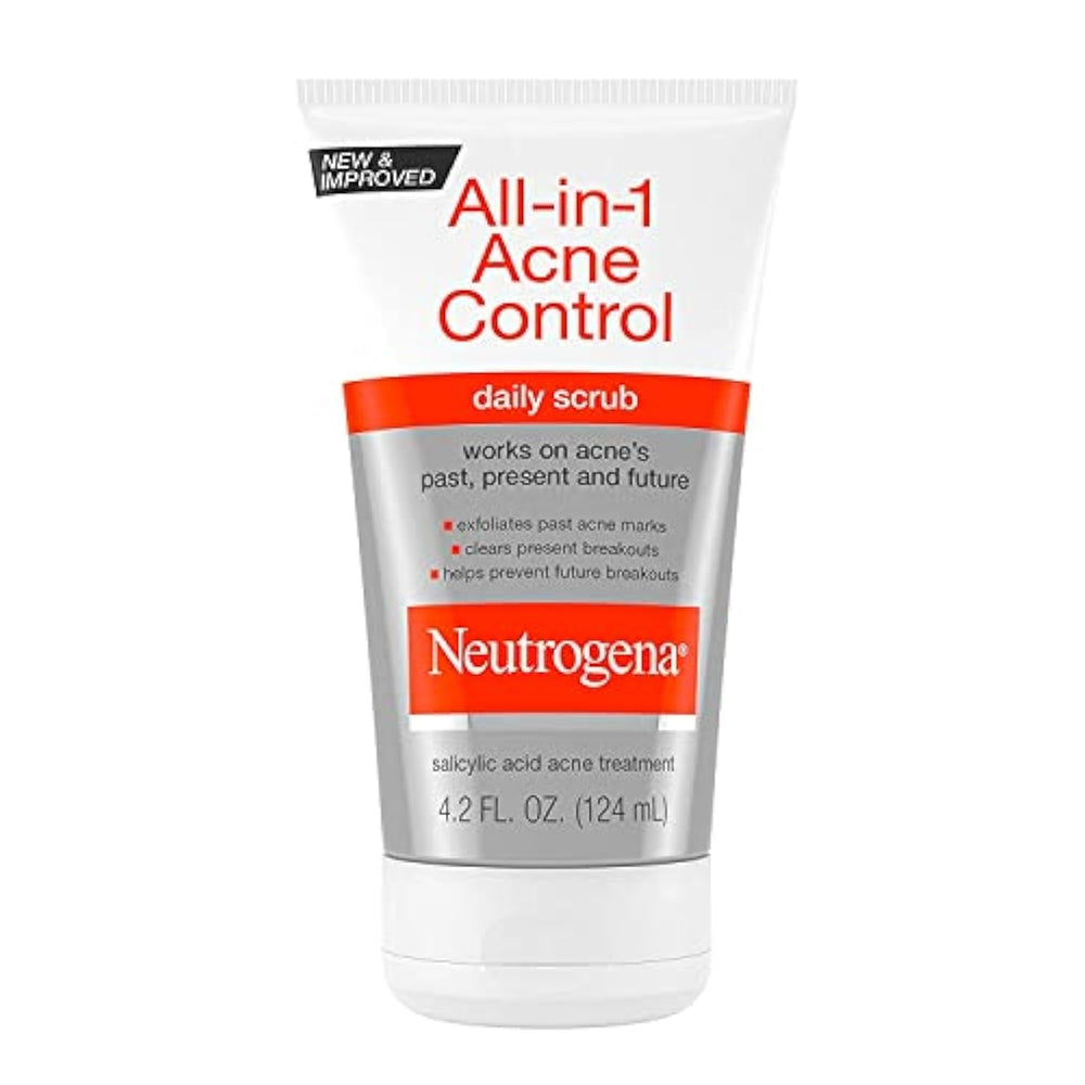 Neutrogena All-In-1 Acne Control scrub tube front promoting clear skin.