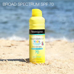 Neutrogena Beach Defense spray shown during water activities for protection.