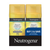 Neutrogena Beach Defense SPF 70 bottle close-up shows quick sun protection