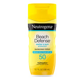Neutrogena Beach Defense SPF 50 sunscreen lotion bottle ready for a beach day