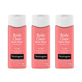 Neutrogena Body Clear pink grapefruit bottle on a bathroom shelf for daily acne care.