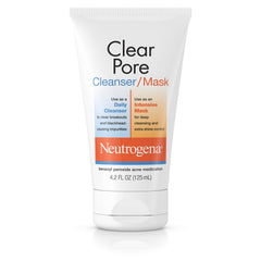 Neutrogena Clear Pore cleanser-mask bottle close-up for acne-prone skin cleansing.