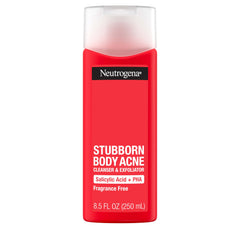 Neutrogena Salicylic Acid Body Wash bottle on shower shelf shows blemish-fighting formula