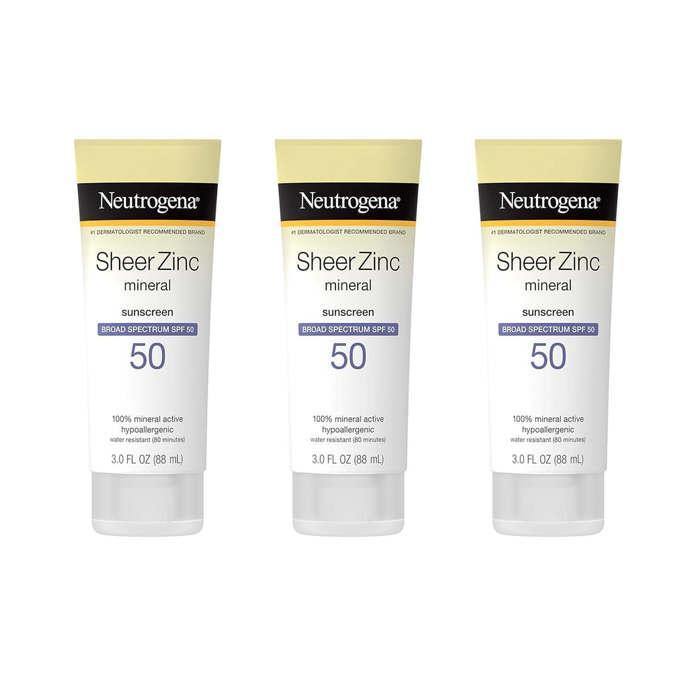 Neutrogena Sheer Zinc Dry-Touch Lotion bottle with SPF 50 for daily sun protection.