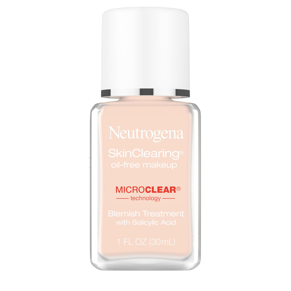 Neutrogena SkinClearing foundation bottle close-up highlighting oil-free formula for shine control