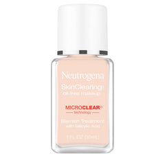 Neutrogena SkinClearing foundation bottle close-up highlighting oil-free formula for shine control