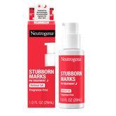 Neutrogena Stubborn Marks PM Treatment bottle shows unscented retinol for nightly use.