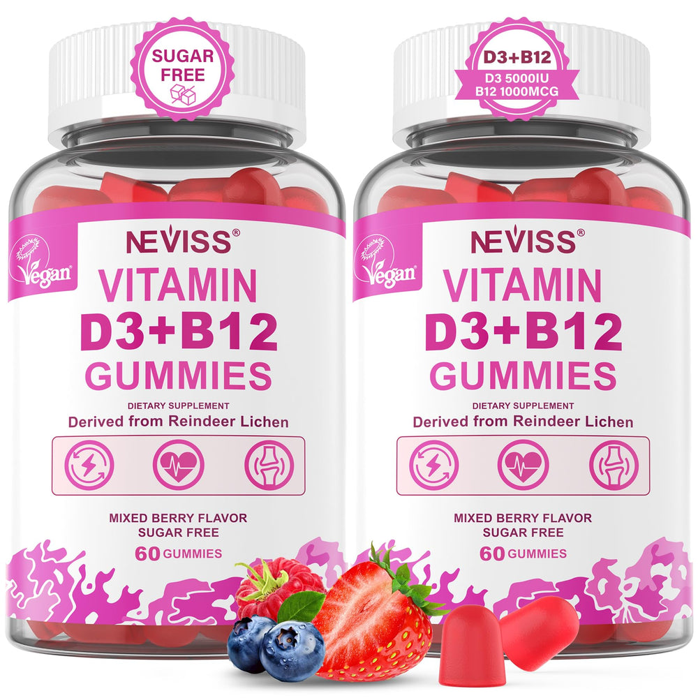 NEVISS D3 B12 gummies bottle-front supports convenient daily wellness with plant-based nutrition.