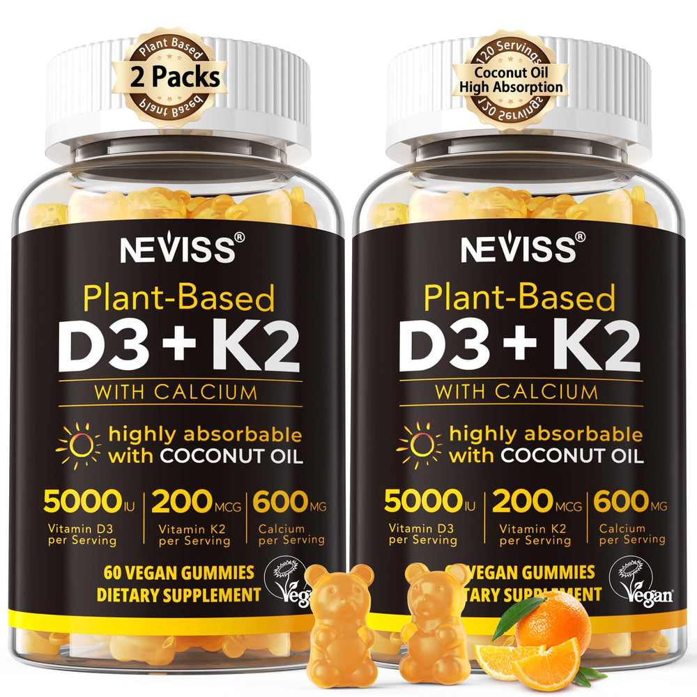 NEVISS D3K2 calcium gummies bottle promoting bone and immune support.