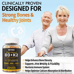 NEVISS D3K2 calcium ingredients label highlighting citrate and carbonate blends.