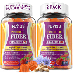 NEVISS Fiber Gummies bottle showing 7g fiber per serving for daily gut support.