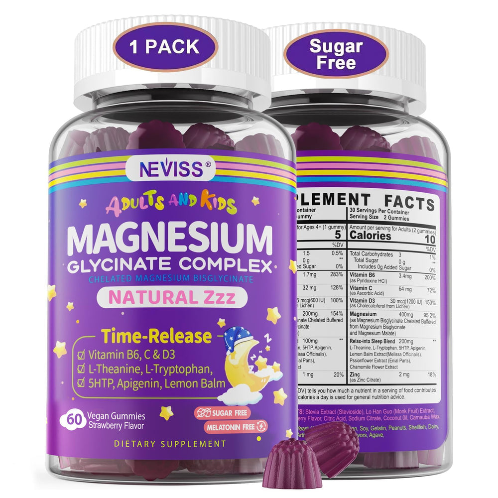 NEVISS Magnesium Glycinate Gummies bottle promotes calm evenings and restful sleep