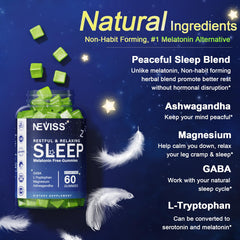 NEVISS melatonin-free gummies being poured from bottle for nightly routine.