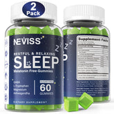 NEVISS melatonin-free sleep gummies bottle promotes calm evenings for restful nights.