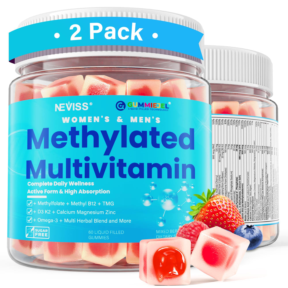 NEVISS methylated multivitamin gummies packaging for daily wellness and energy support