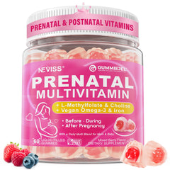 NEVISS Prenatal vitamins bottle showing sugar-free vegan formula for pregnancy support