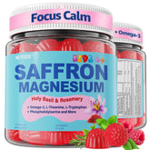 NEVISS saffron gummies bottle showing calm focus for kids